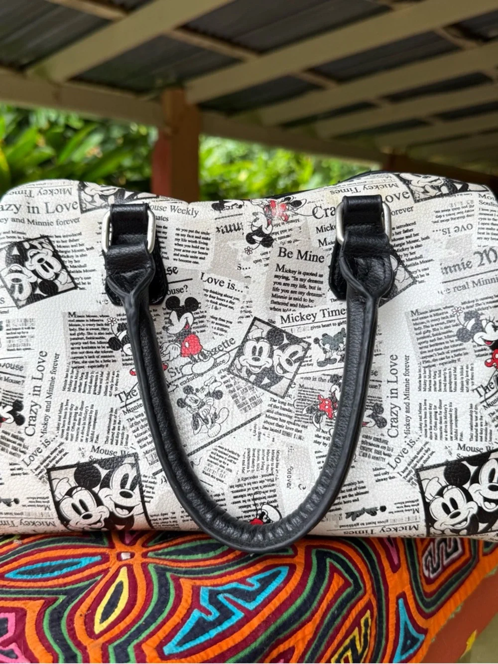 Disney Mickey Minnie‎ Newspaper Print Satchel Handbag Black White Bowling Bag